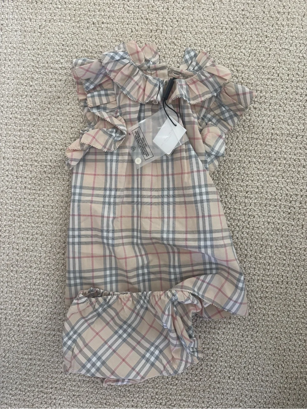 Burberry Beige Plaid Ruffle Neck Baby Set